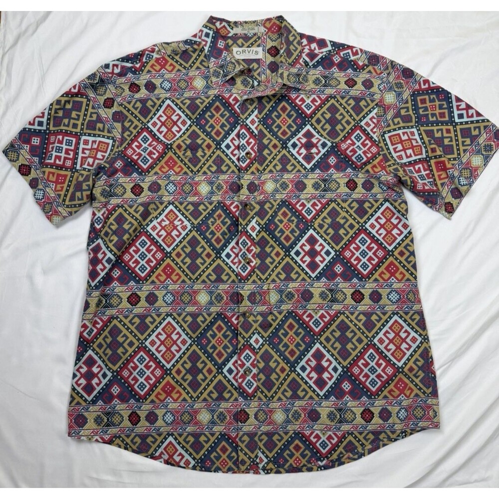 VTG Orvis Aztec Geometric Tribal Button Up Shirt Mens XL Short Sleeve Cotton I